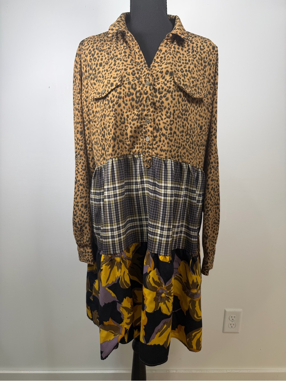 ODDY Cottage Southern Boho Long Sleeve Dress Cheetah‎ Plaid Floral